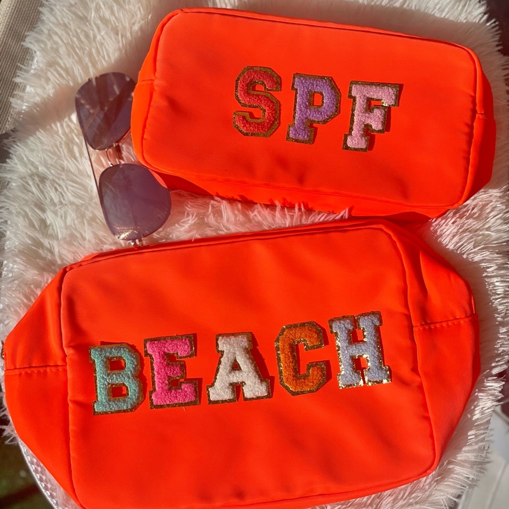 Custom nylon pouch with patches, stoney clover, beach pool swim bag